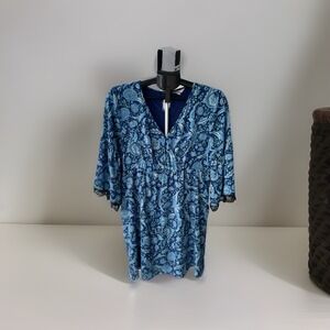 Cobblestone Blue Floral Print Midi Dress XL Sleeve Black Lace Trim